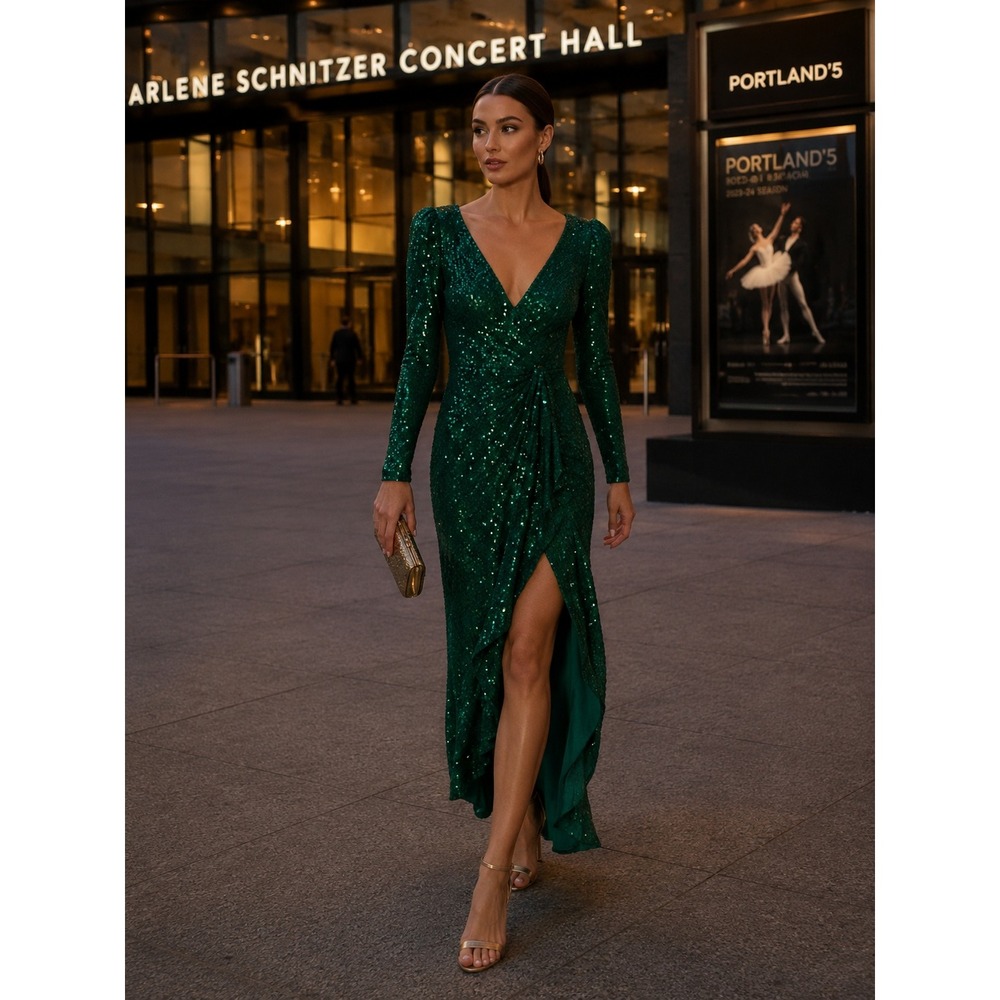 NWT Mac Duggal Emerald Green Sequin Long Sleeve High Slit V Neck Wrap Gown 6
